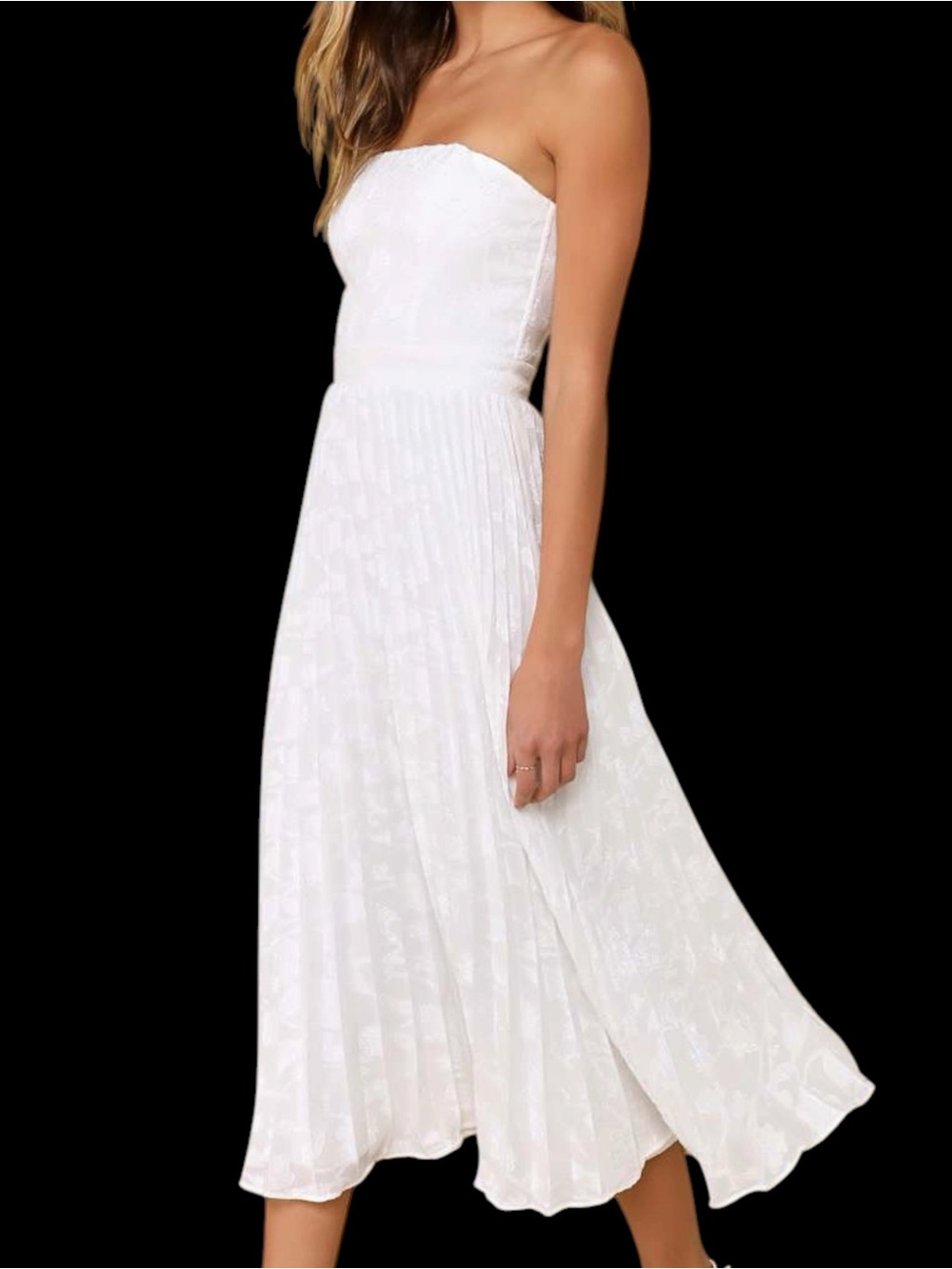 Lulus Perfectly Stunning Ivory Jacquard Strapless Midi Dress Pleated Skirt NWOT